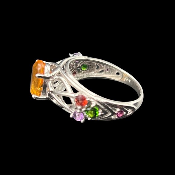 Citrine, Garnest, Amethyst and Emerald Ring Sterling Silver Ring Size 7 Stamped - Picture 5 of 9